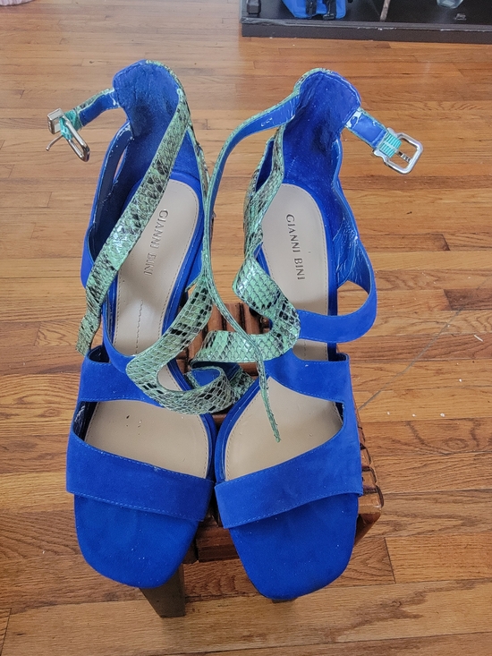 Gianni Bini Shoes - Gianni Bini Blue Suede Sandals with Green Snake-Print Straps
